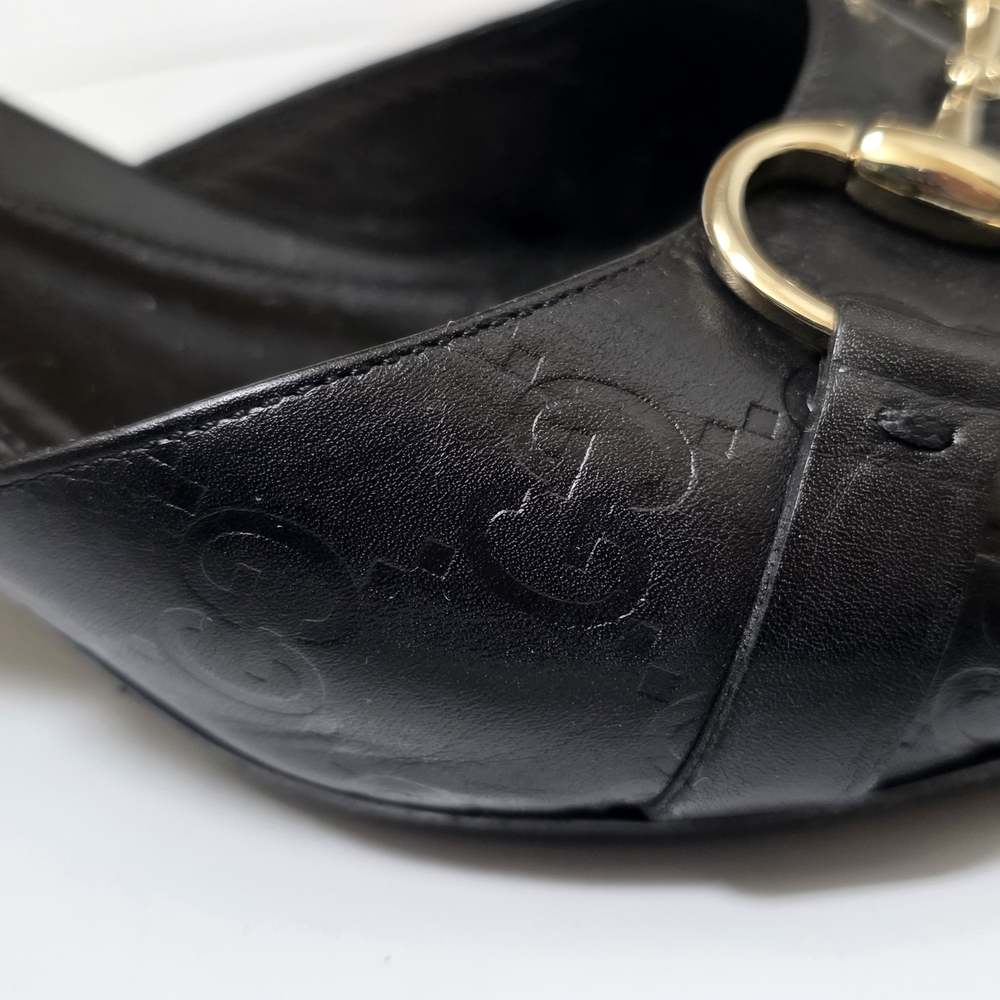 Gucci Black Leather Horsebit Kitten Heel Slides with Gold Hardware GG - Picture 3 of 9